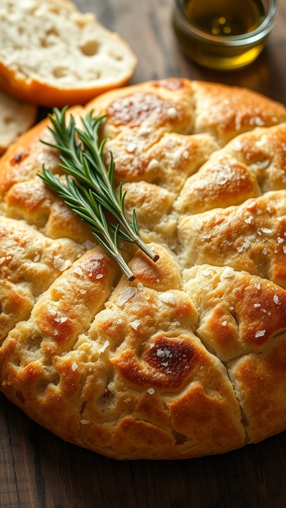 Focaccia Bread with Frozen Dough Recipe Golden focaccia bread topped with rosemary and sea salt, served on a wooden table with olive oil.